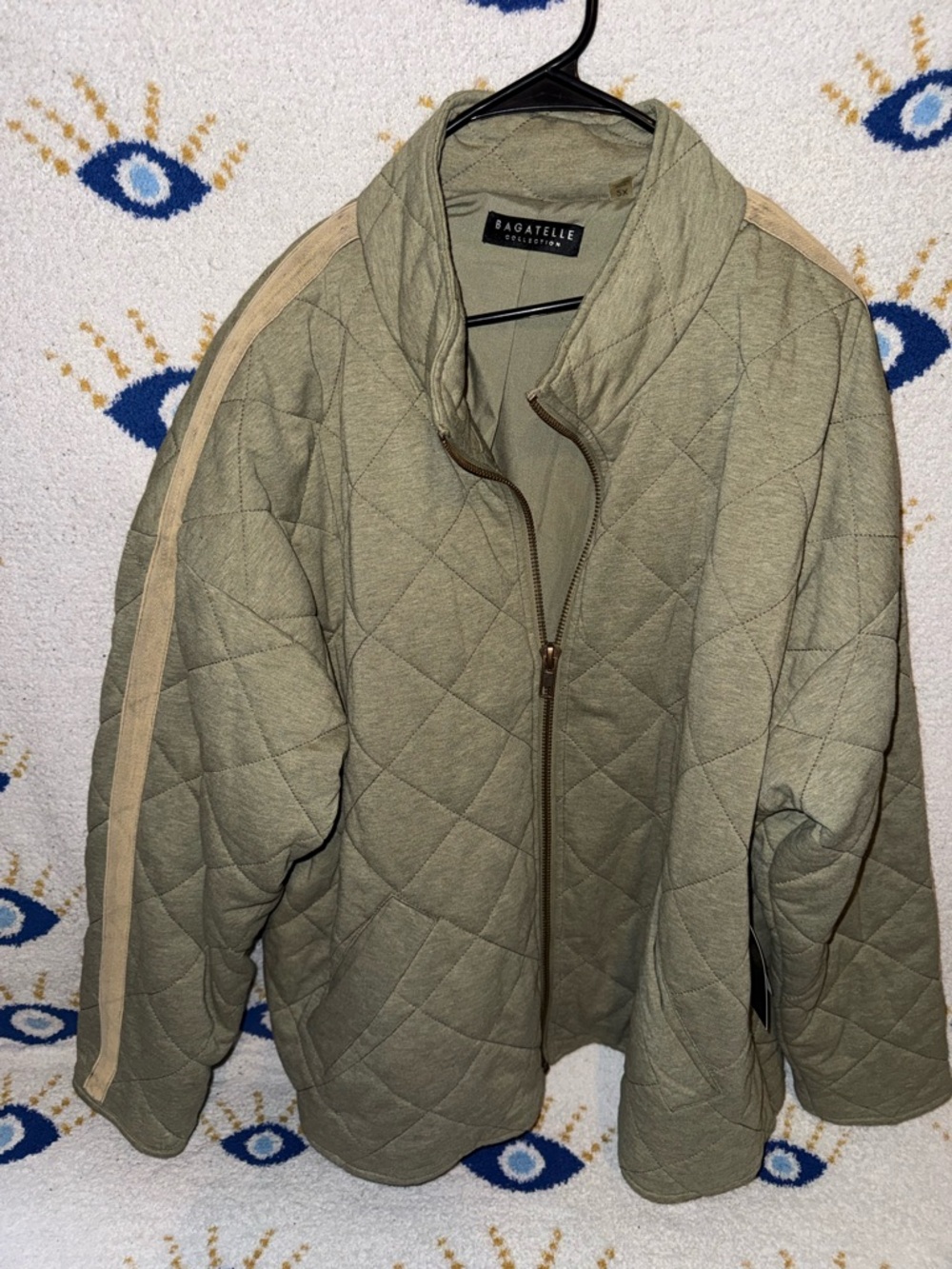 bagatelle Olive Quilted Zip Jacket with Tan Shoulder Stripe
